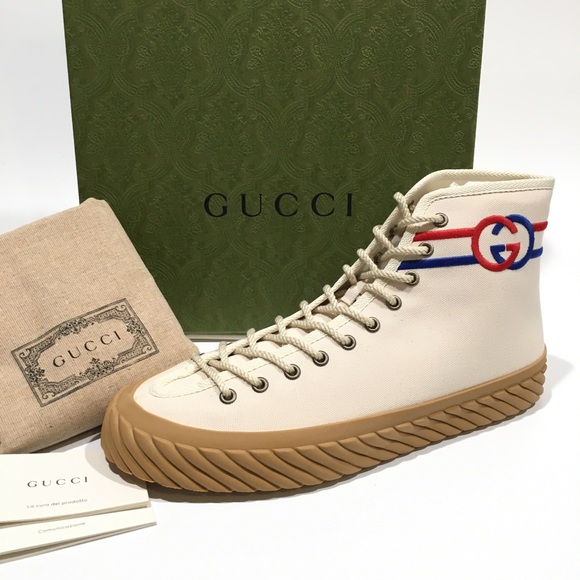 GUCCI INTERLOCKING G HIGH TOP SNEAKERS -WHITE CANVAS -MEN’S US 9.5 -NEW - Picture 2 of 10